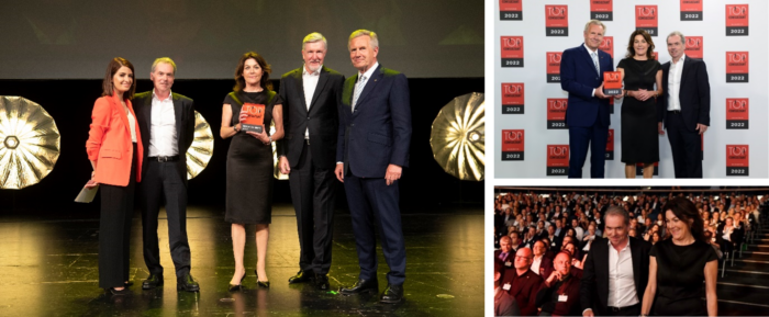 Former President Christian Wulff, Linda Zervakis and Prof. Dr. Dietmar Fink congratulate Hansgeorg Derks and Klaudia Meinert from derks bmc on winning the ‘Consultant of the year’ title